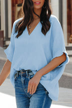 Black Frayed Batwing Sleeve Textured Cotton Blouse