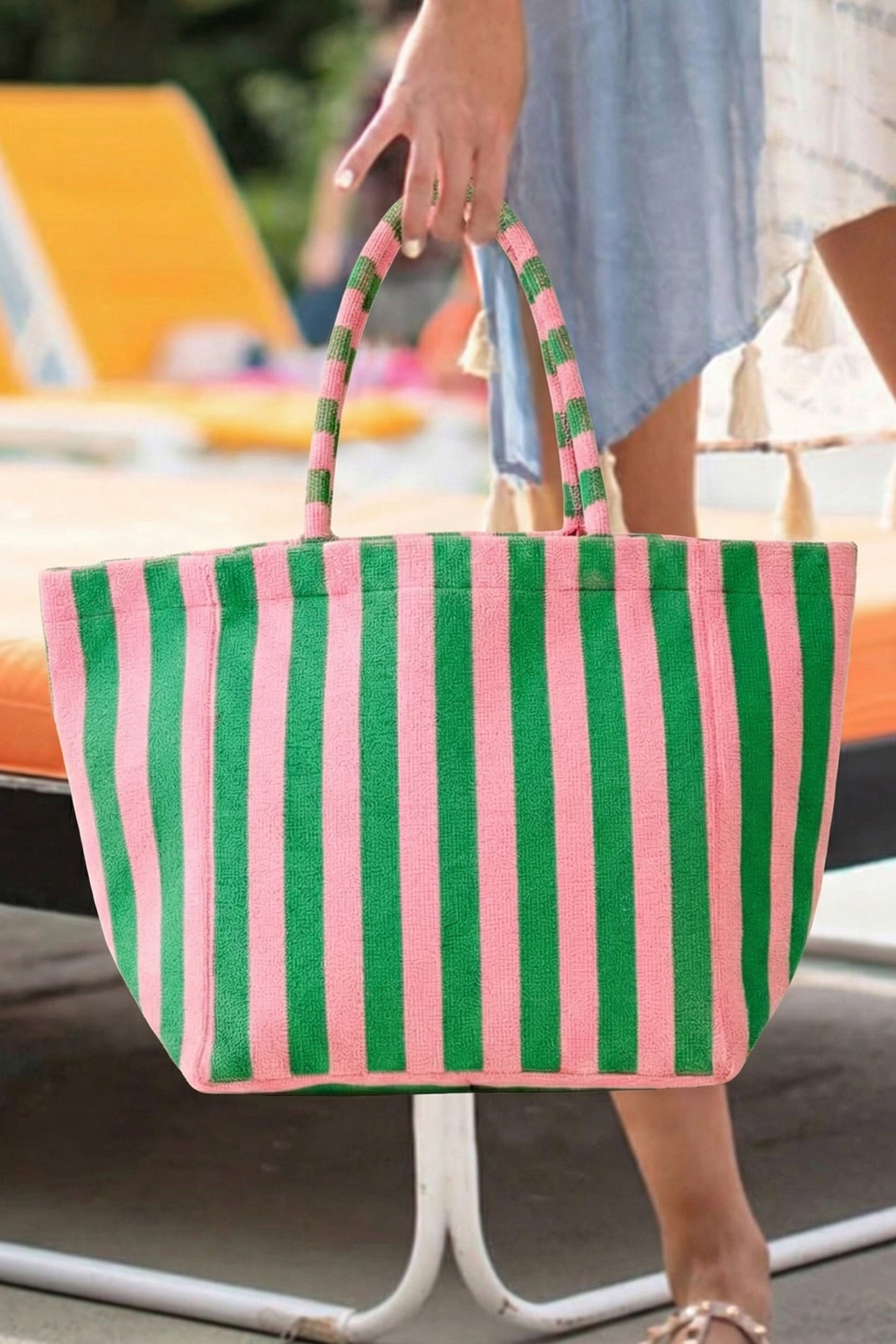 Grapefruit Orange Striped Terry Large Beach Tote Bag