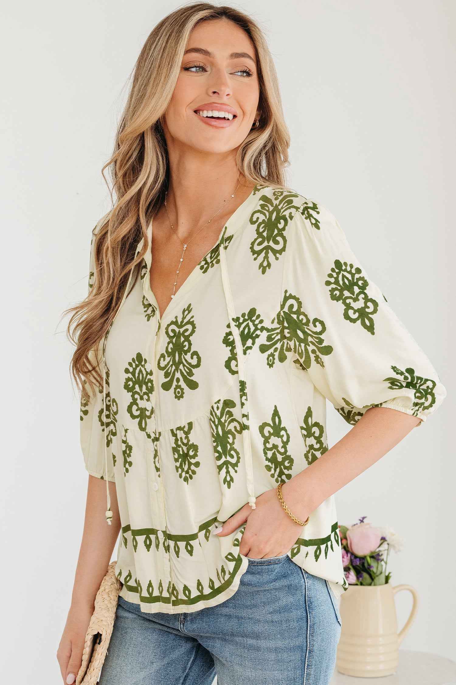 Apricot Floral Print Tie V Neck Button Down Puffy Half Sleeve Shirt