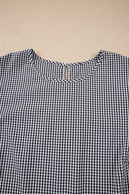 Black Plus Size Plaid Bow Decor Bell Sleeve Round Neck Jumper