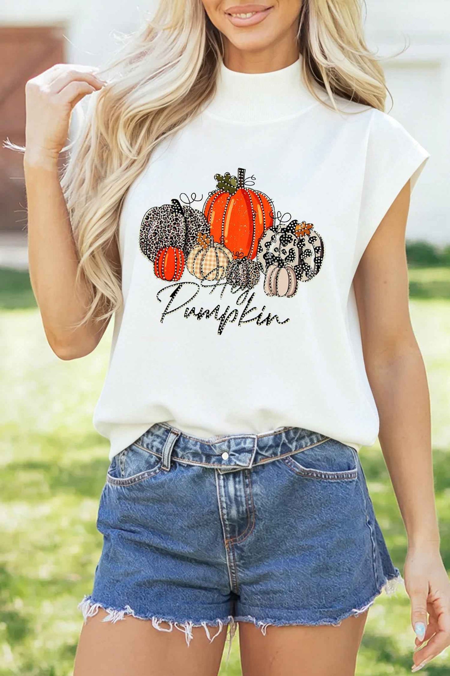 White Rhinestone Embellished Pumpkin Graphic High Neck Cap Sleeve Top