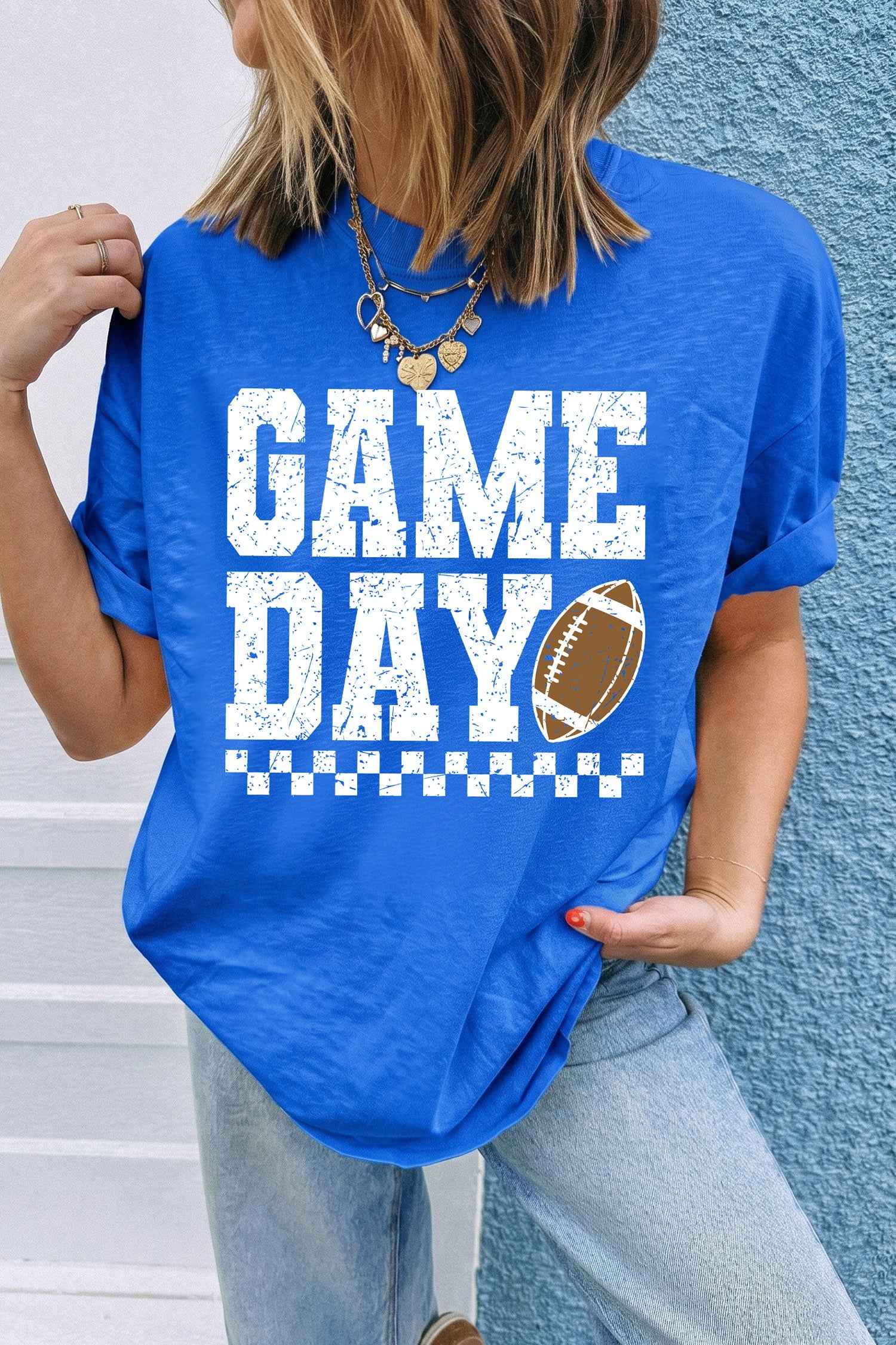 Dark Blue GAME DAY Checkered Print Rugby Graphic T Shirt
