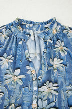 Sky Blue Checkered Floral Patchwork V Neck Blouse