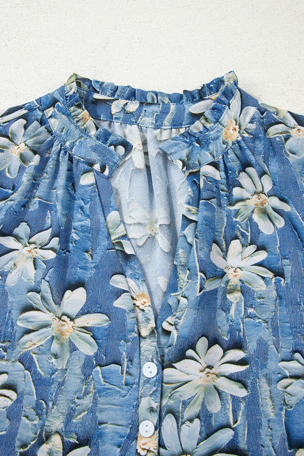 Sky Blue Checkered Floral Patchwork V Neck Blouse