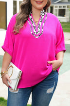 Rose Red Leopard Accent Notched Neck Plus Size Short Sleeve Top