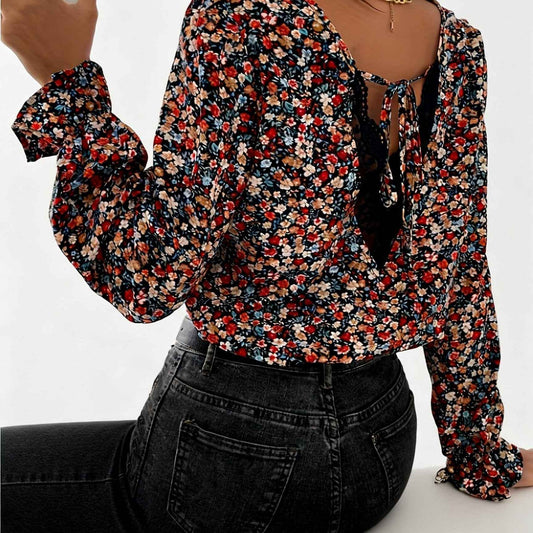 Elegant Floral Lace Ruffled Sleeve TieBack Blouse