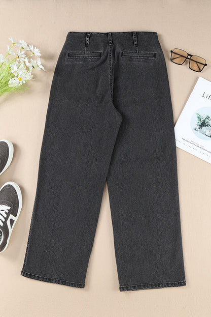 Gray High Waist Button Front Wide Leg Cropped Jeans