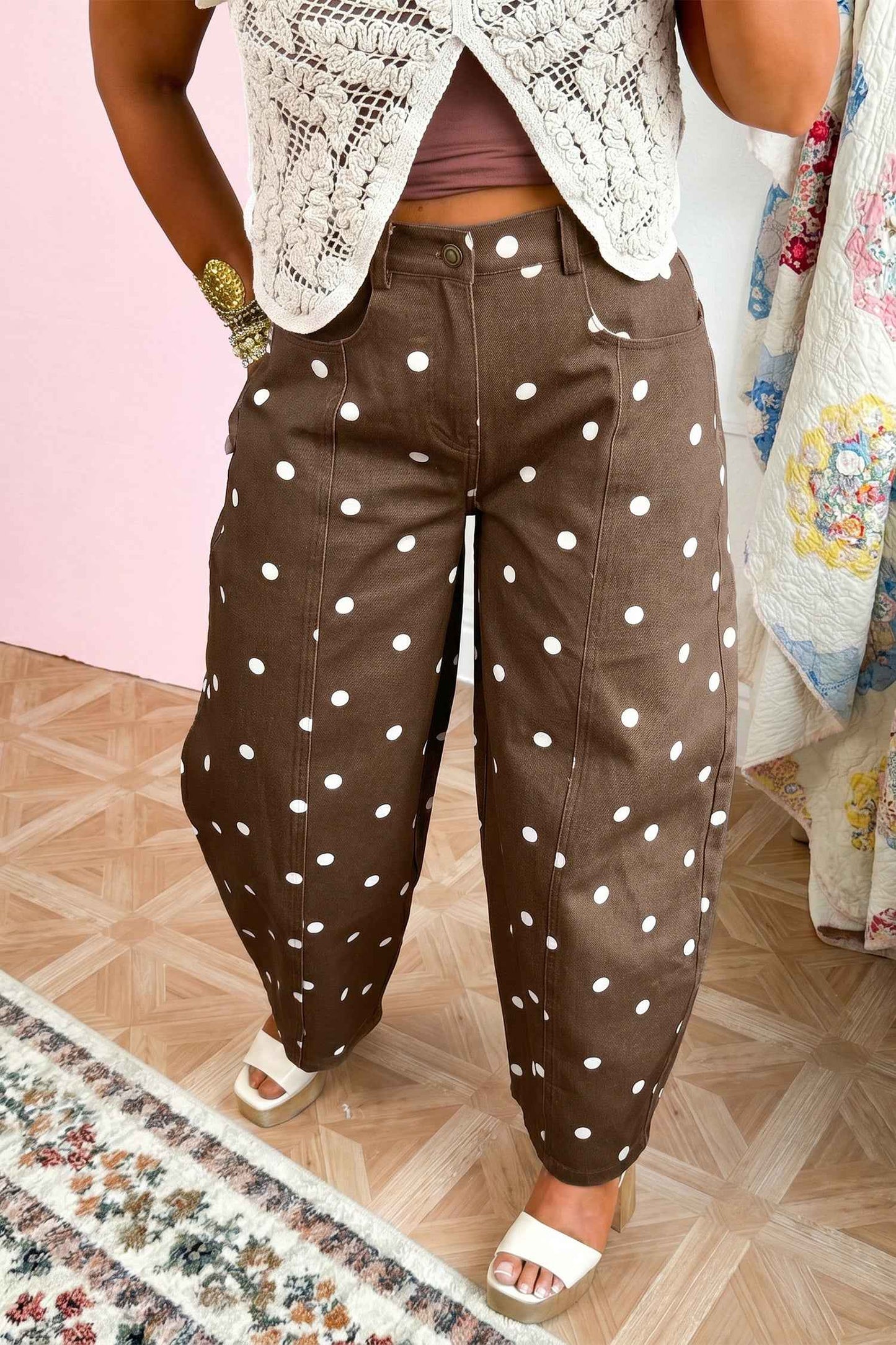 Brown Tailored Seam Polka Dot Print Barrel Casual Jeans