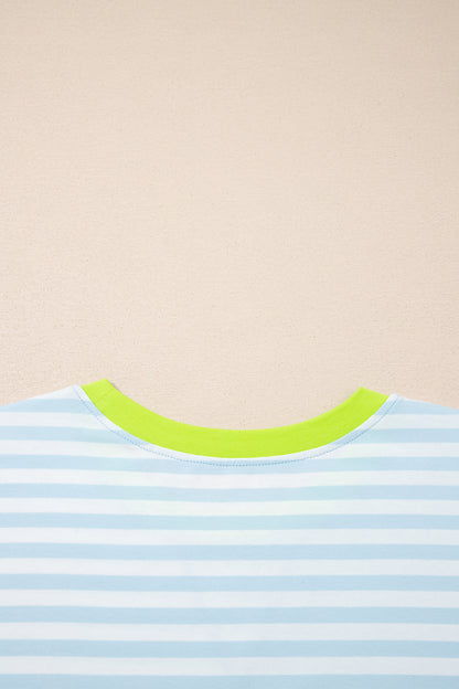 Yellow Stripe Contrast Neck Loose Tee and Drawstring Shorts Set