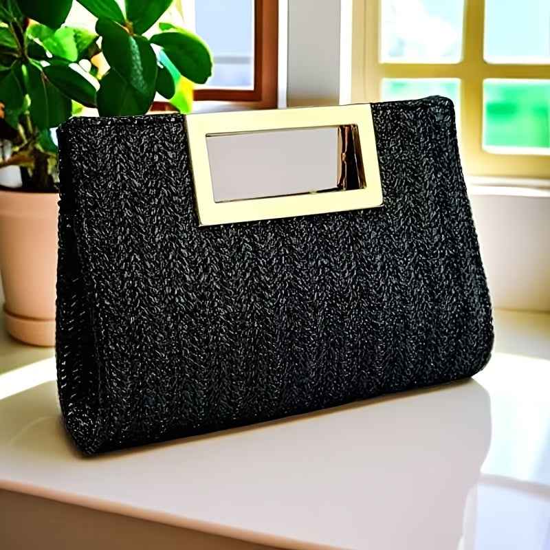 Elegant Striped Woven Clutch Metal Handle Chain Strap