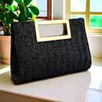 Elegant Striped Woven Clutch Metal Handle Chain Strap
