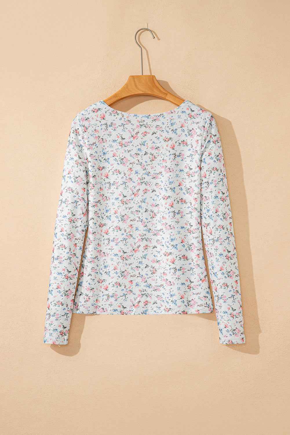 White Floral Print Slim Fit Square Neck Long Sleeve Top