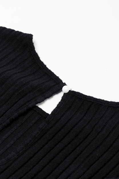 Black Ribbed Keyhole Short Sleeve Wide Leg Jumpsuit