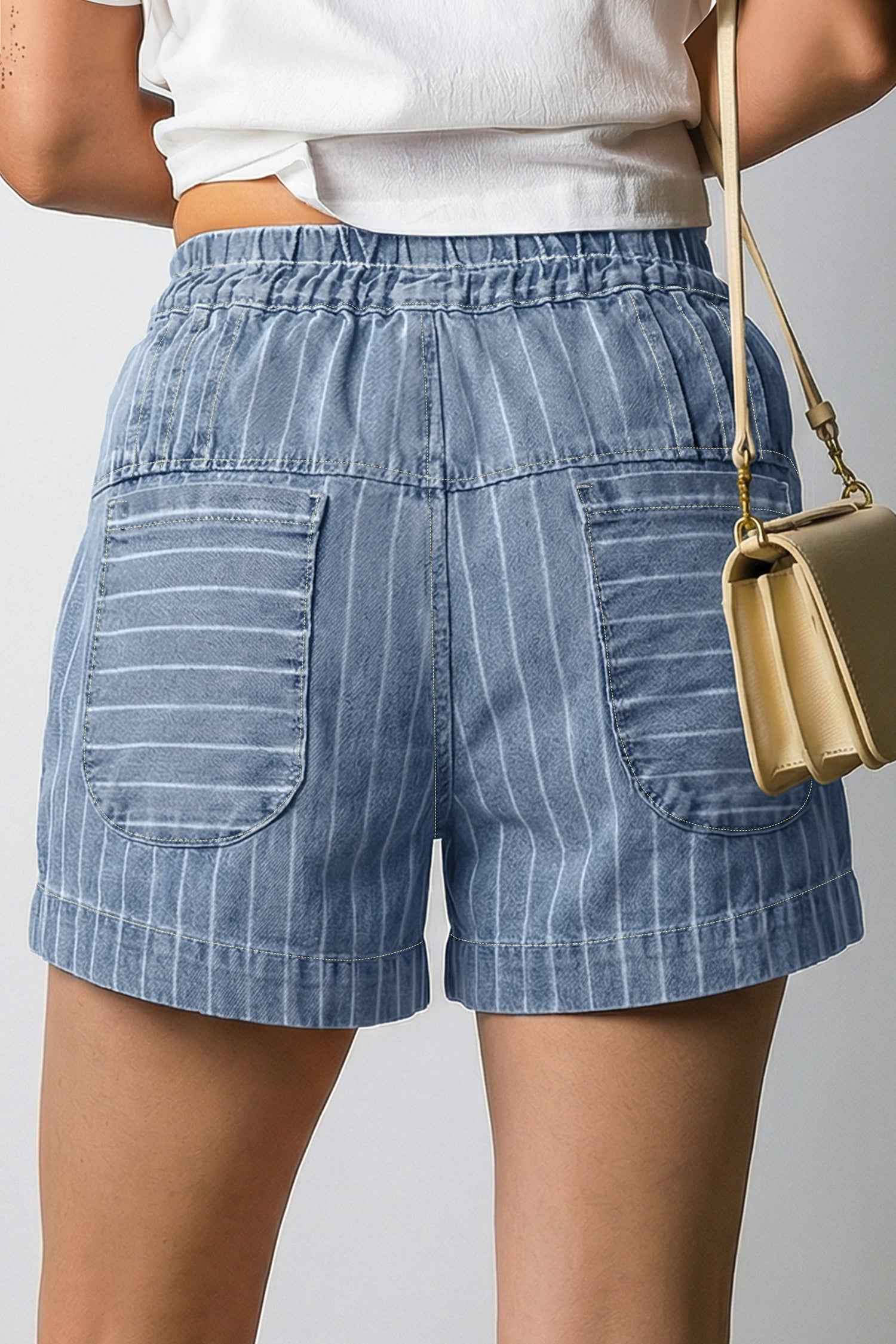 Sky Blue Stripe Drawstring Button Pleated High Waist Denim Shorts