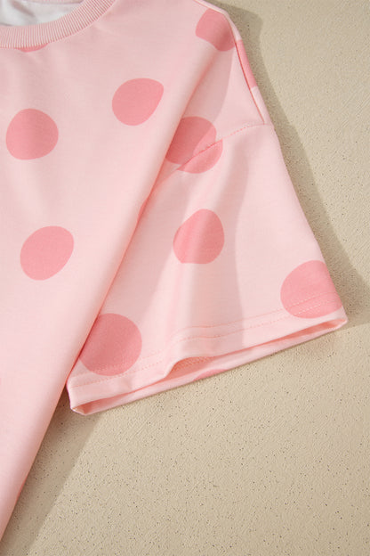 Pink Polka Dot Print Loose Tee Drawstring Elastic Waist Short Set