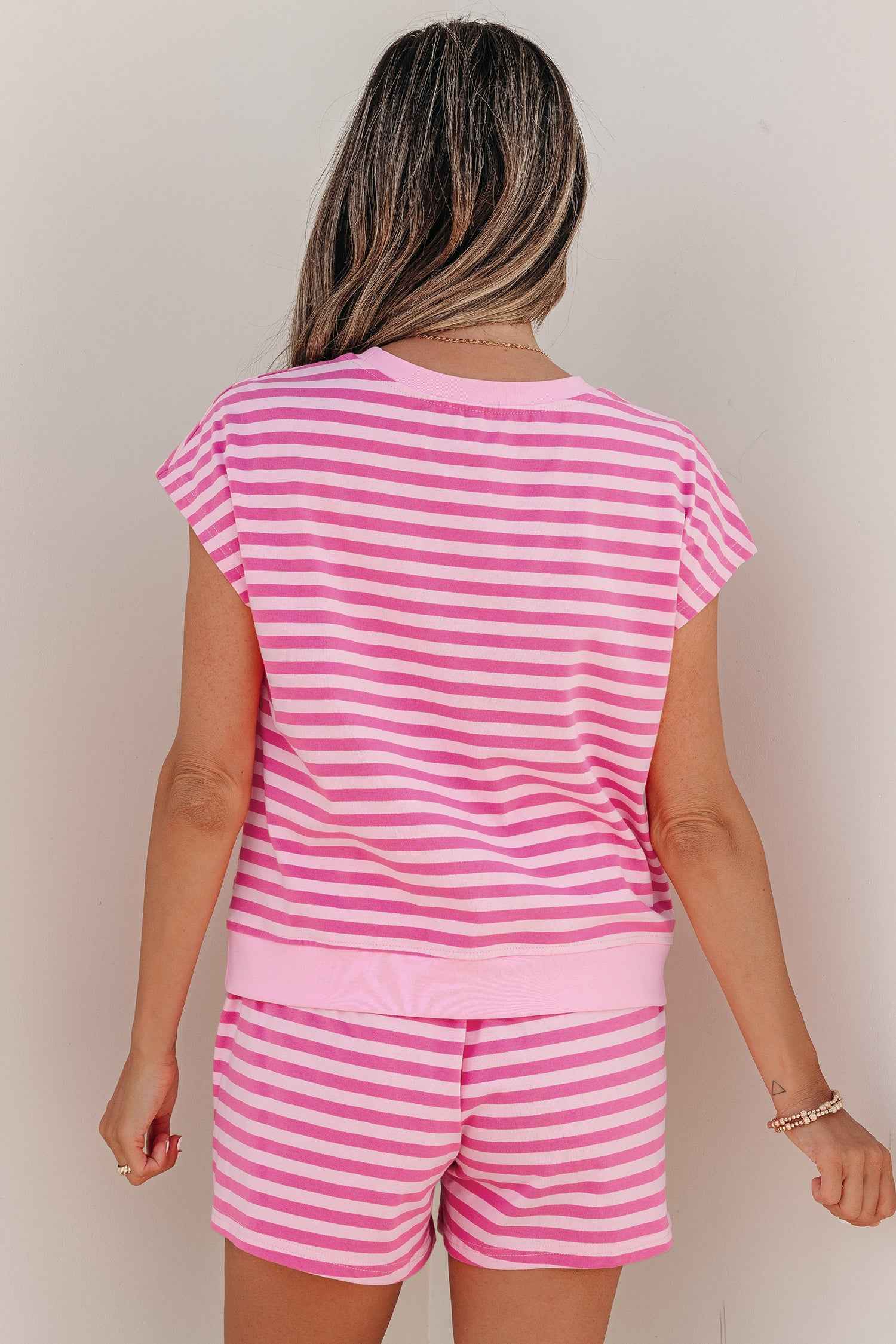 Pink Stripe Cap Sleeve Tee Elastic Waist Shorts 2pcs Outfit