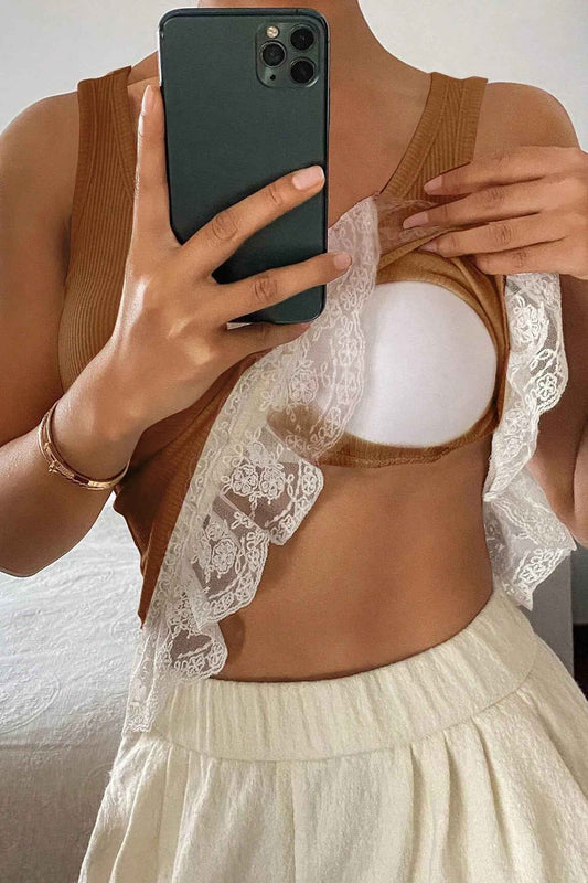 Coffee Ribbed Knit Sweet Lace Hem Vest