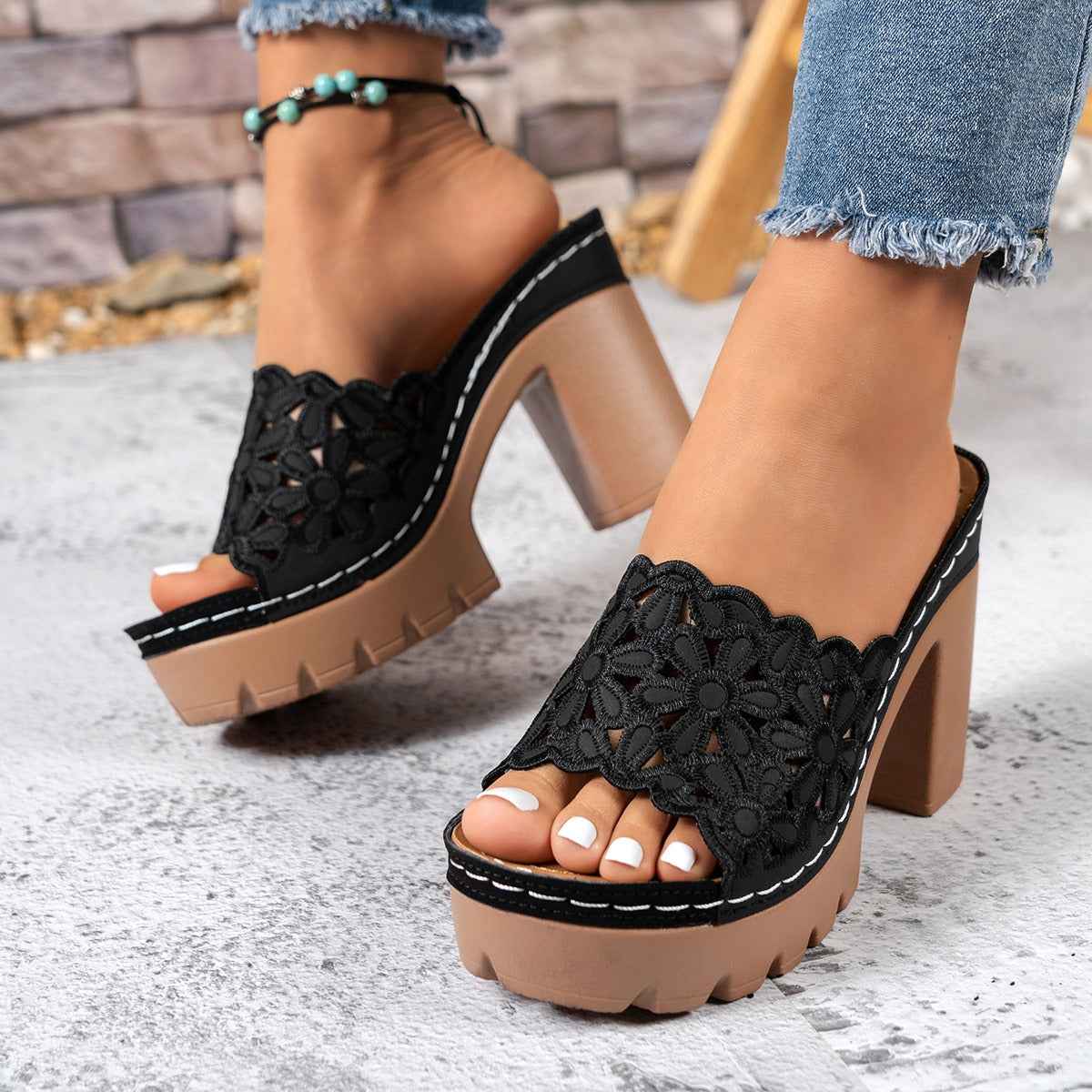 Womens Chic Hollow Thick Sole High Heel Summer Slides