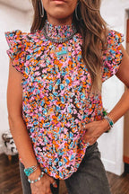 Orange Floral Print Shirred Stand Neck Flutter Shoulder Blouse