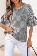 Black Plaid Bow Ruffled Half Sleeve Round Neck Blouse