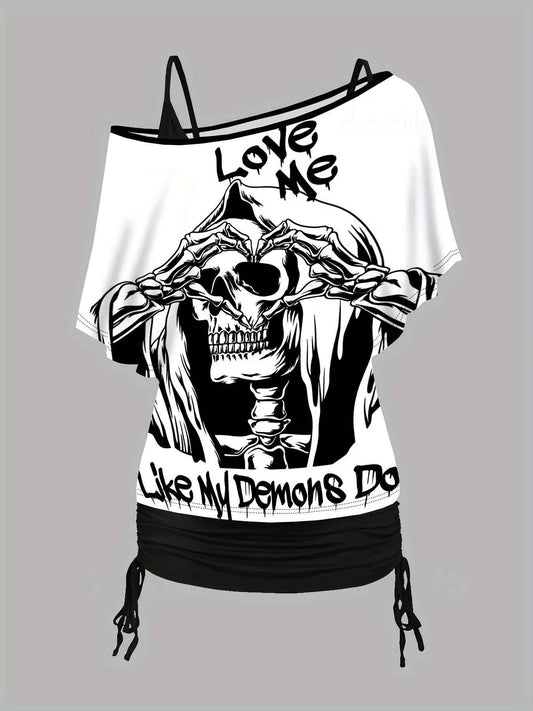 Halloween Contrast Batwing Top  Drawstring Cami Set