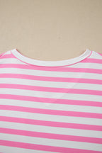 Pink Stripe Colorblock Patched Pocket V Neck Plus Size Tee
