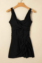 Black Adjustable Straps Cutout Ruched Knot Slit One Piece Swim Dress