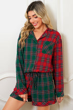 Green Plaid Christmas Holiday Patchwork Long Sleeve Shirt and Shorts Pajama Set