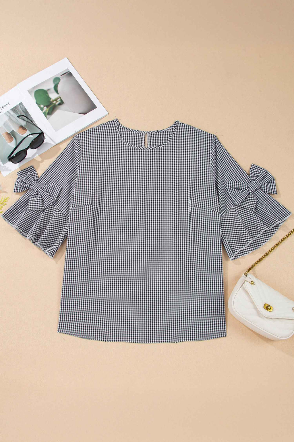 Black Plus Size Plaid Bow Decor Bell Sleeve Round Neck Jumper