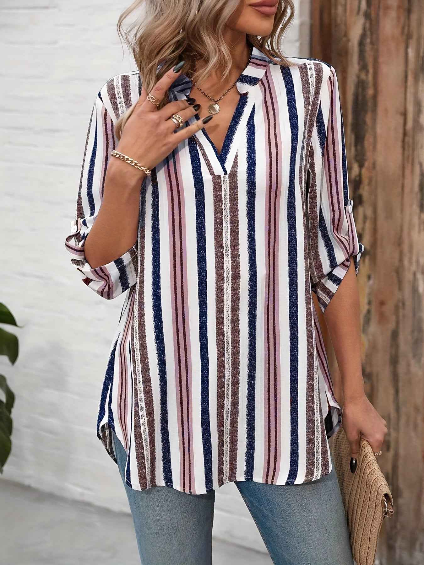 Color Block Striped Notch Collar 78 Sleeve Top