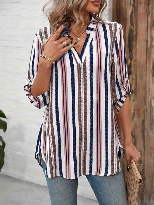 Color Block Striped Notch Collar 78 Sleeve Top