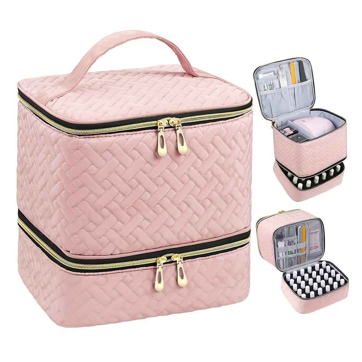 Quilted DualCompartment Makeup  Nail Polish Organizer Bag