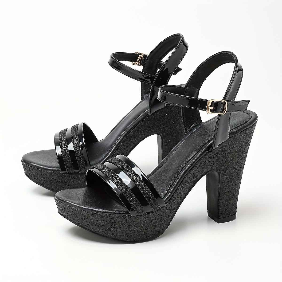 Metallic Hollow Chunky Heel Sandals for Elegant Evenings