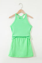 Green Slim Tank Top Elastic Waist Mini Skort 2pcs Outfit