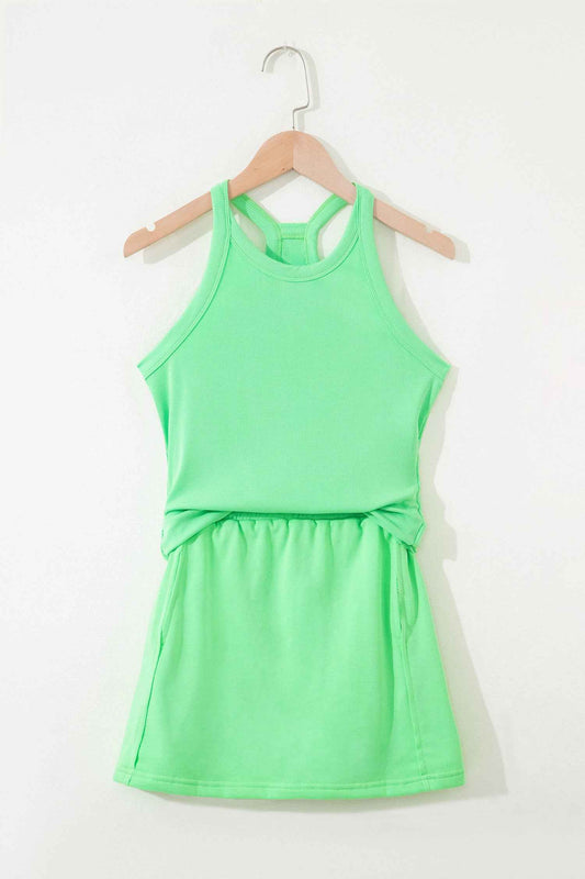 Green Slim Tank Top Elastic Waist Mini Skort 2pcs Outfit