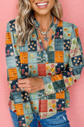 Sky Blue Checkered Floral Patchwork V Neck Blouse