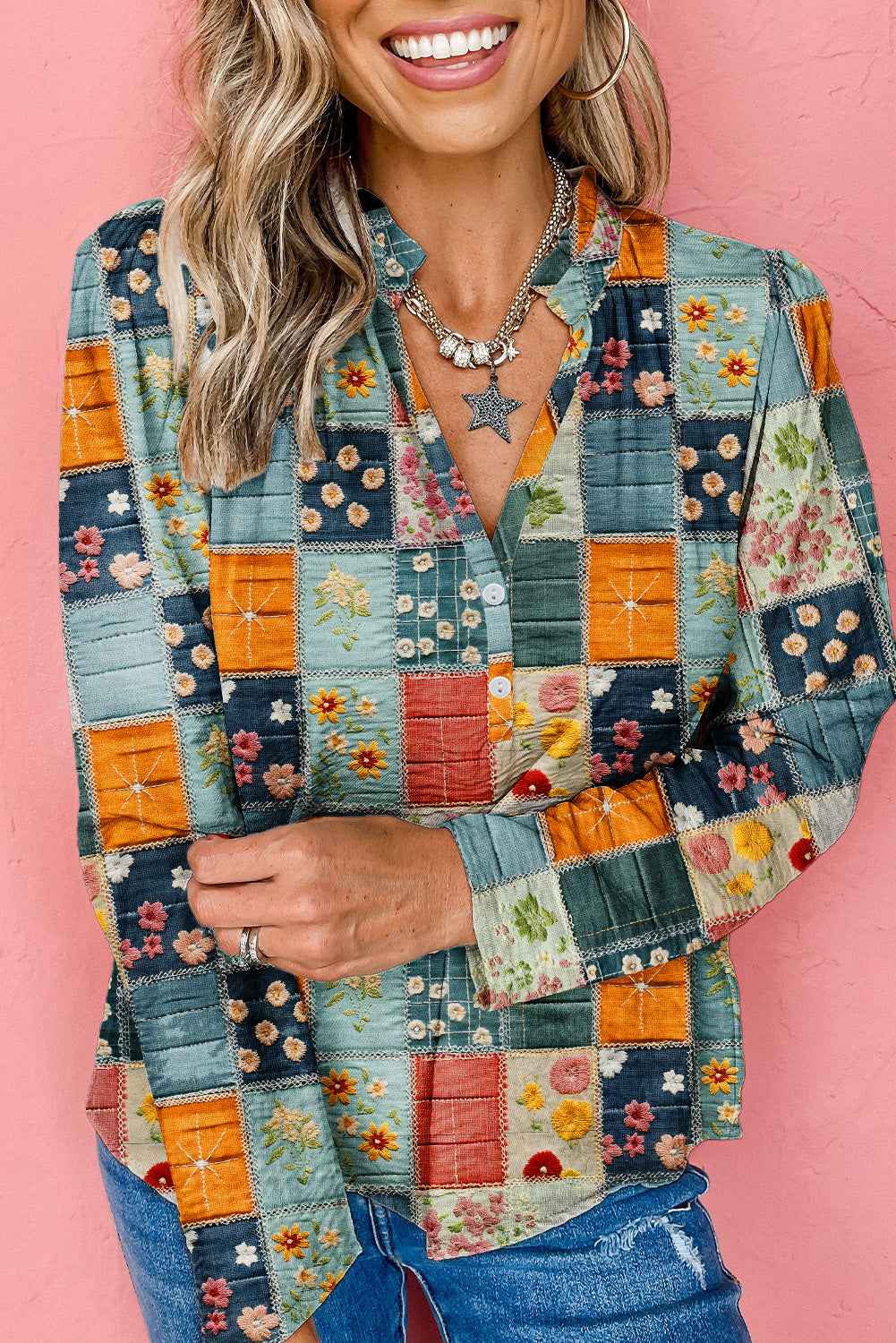 Sky Blue Checkered Floral Patchwork V Neck Blouse