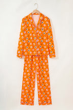 Orange Halloween Print Lapel Shirt Long 2pcs Pajama Set