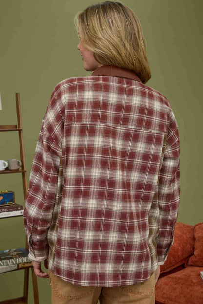 Red Contrast Plaid Long Sleeve Button Down Shirt