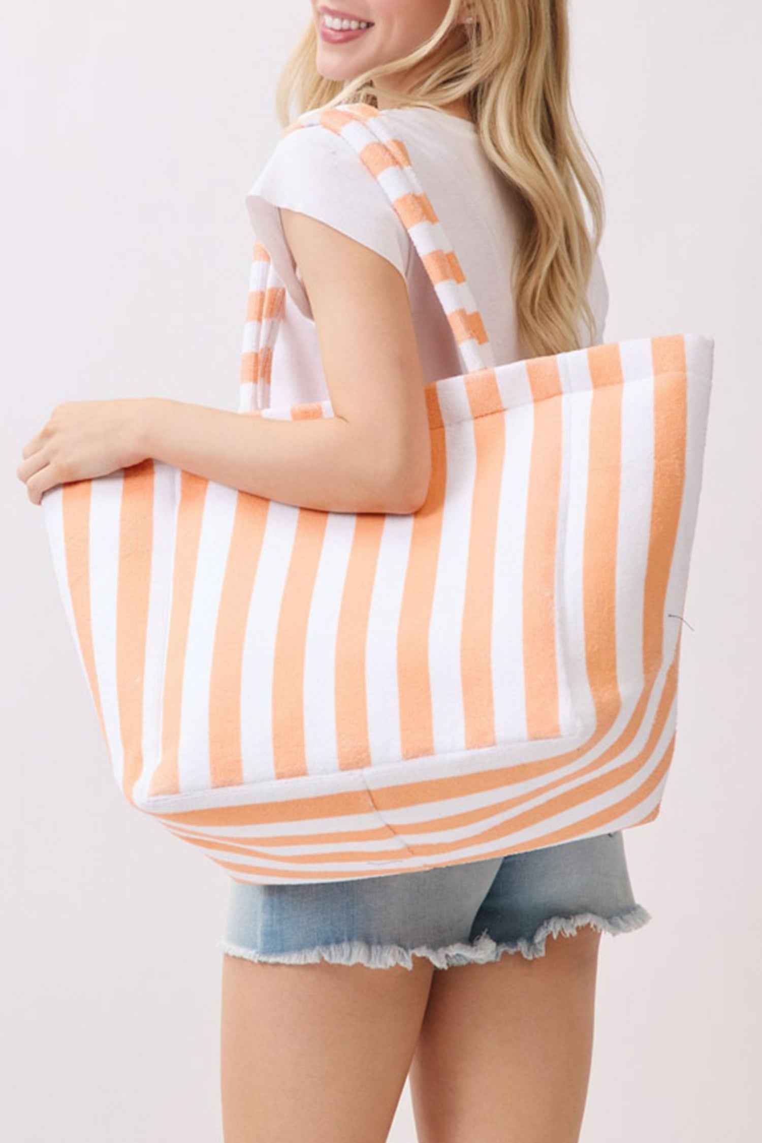 Grapefruit Orange Striped Terry Large Beach Tote Bag