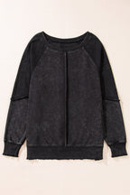Mineral Blue Waffle Patchwork Raglan Sleeve Exposed Seam Sweatshirt