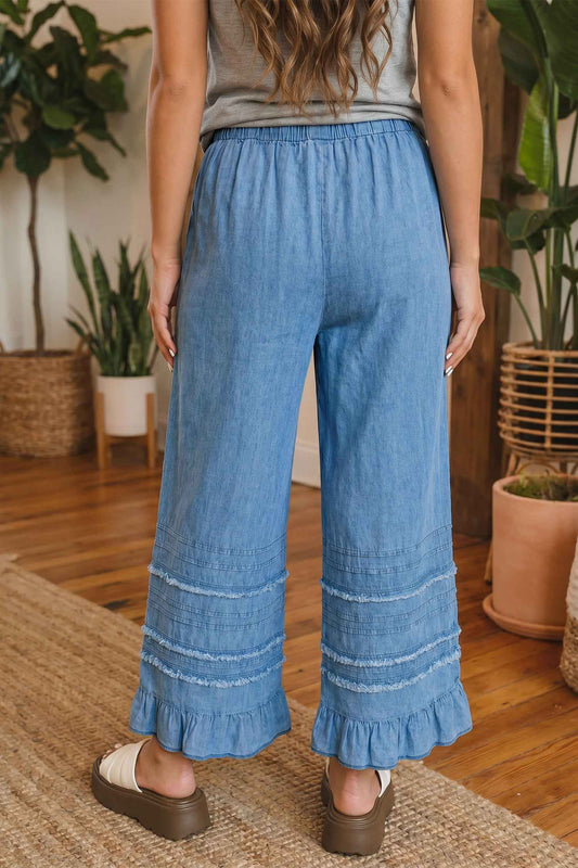 Dusk Blue Ruffled Hem Wide Leg Chambray Pants