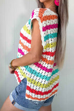 Multicolour Striped Eyelet Knit V Neck Sweater Tee