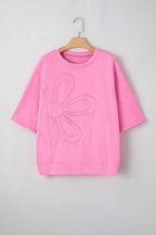 Sachet Pink Solid Color Floral Patched Half Sleeve Tunic Top