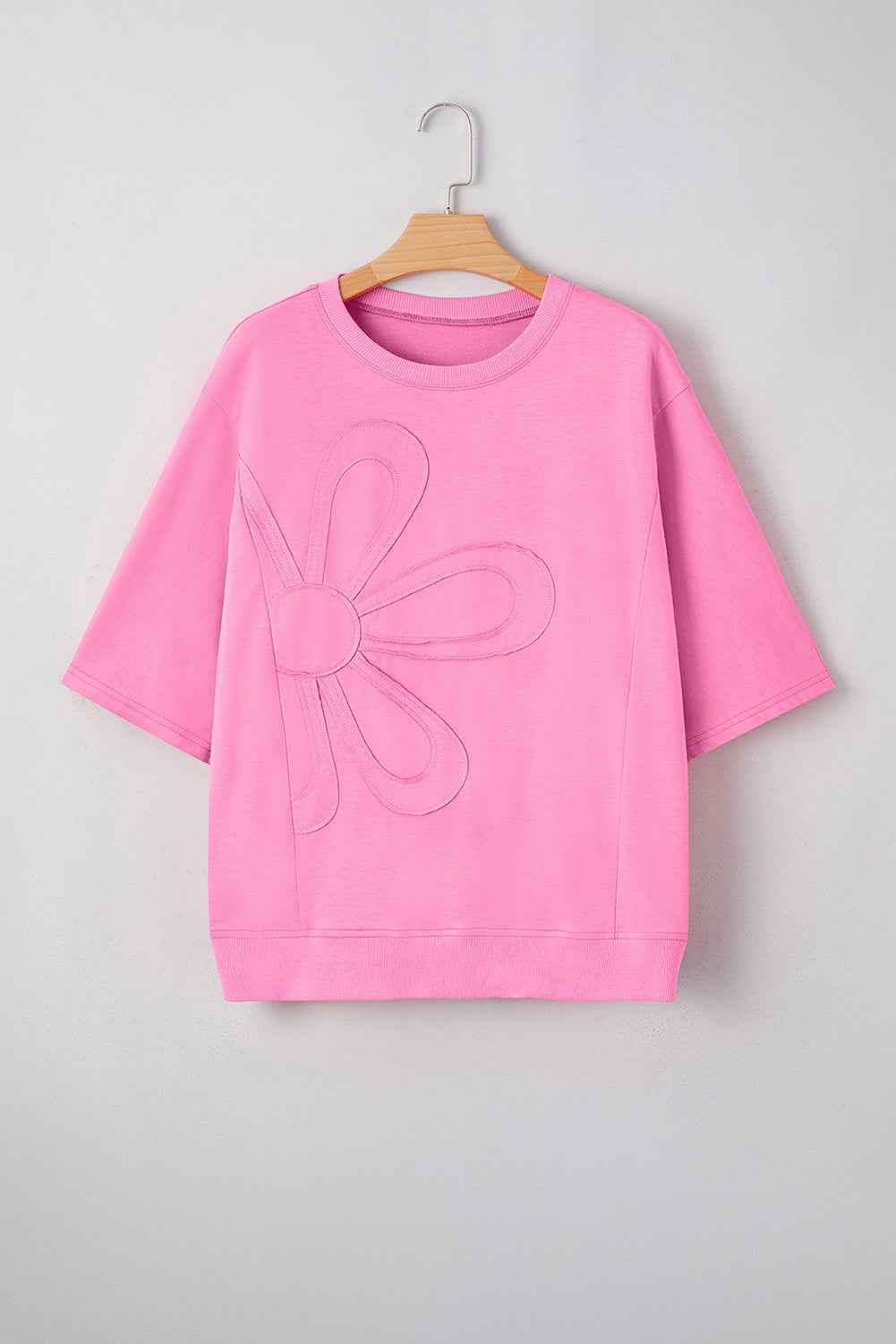 Sachet Pink Solid Color Floral Patched Half Sleeve Tunic Top