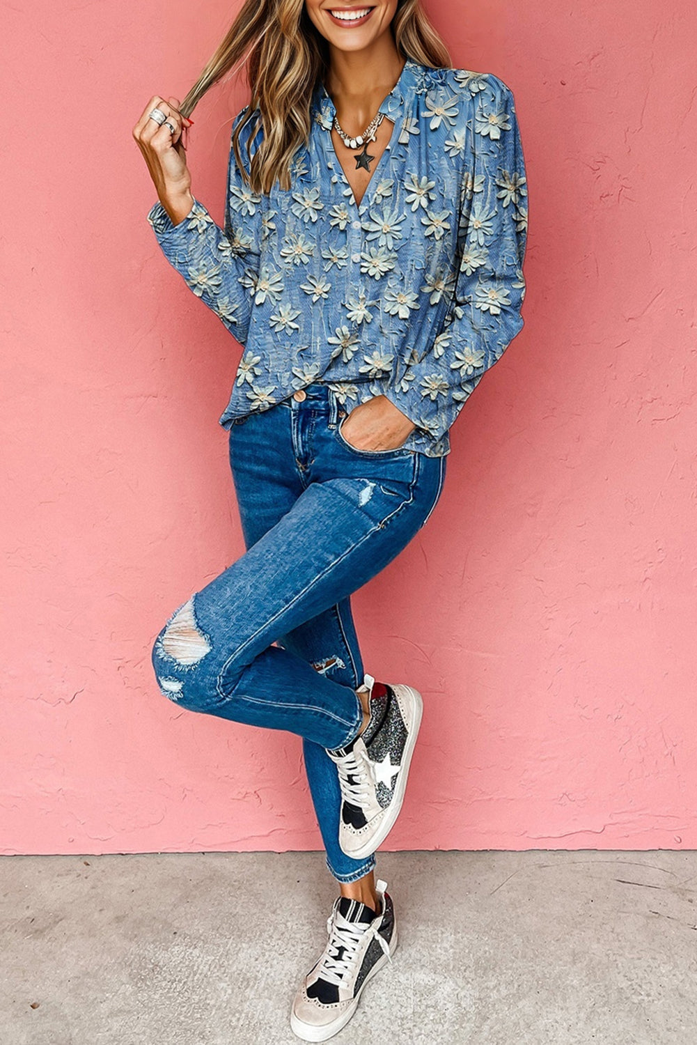 Sky Blue Checkered Floral Patchwork V Neck Blouse