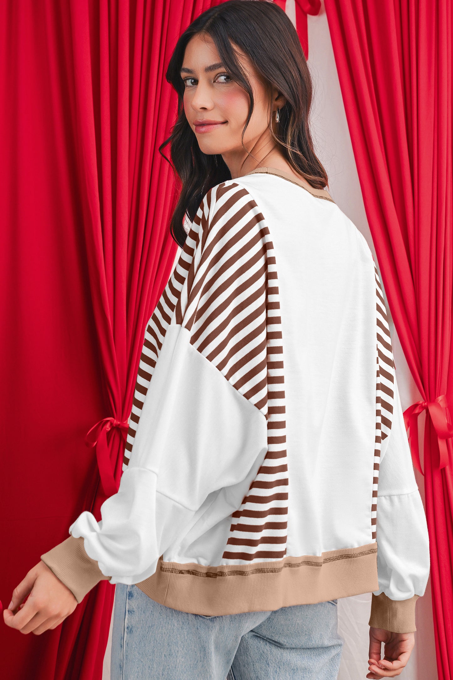 White Striped Colorblock Patchwork Oversized Sweatshirt