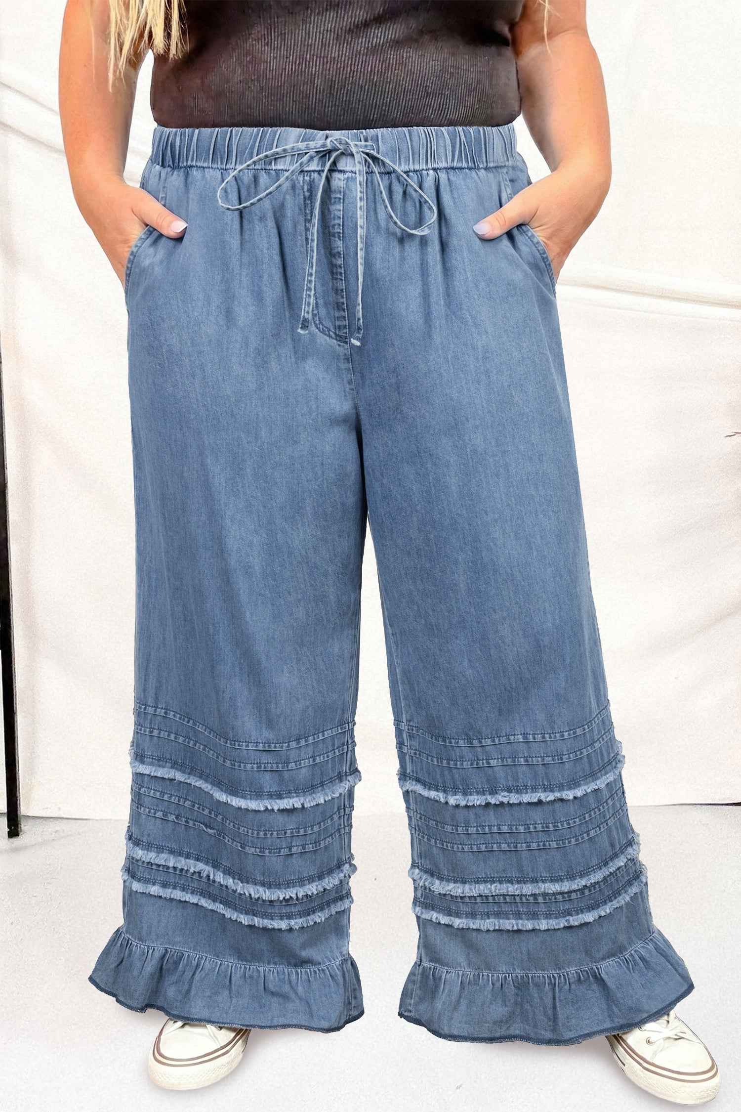 Dusk Blue Tiered Raw Edge Ruffled Plus Size Wide Leg Denim Pants