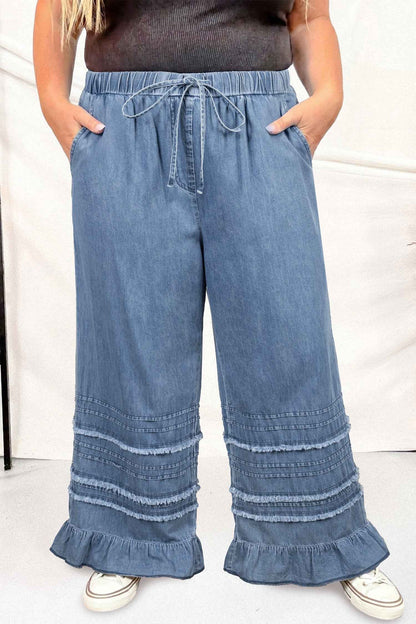 Dusk Blue Tiered Raw Edge Ruffled Plus Size Wide Leg Denim Pants