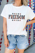 White FREEDOM Patriotic Letter Print Crew Neck T Shirt